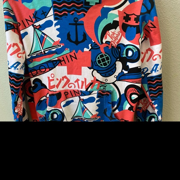 pink + dolphin graphic all over print hoodie sweatshirt womens medium - Picture 5 of 8